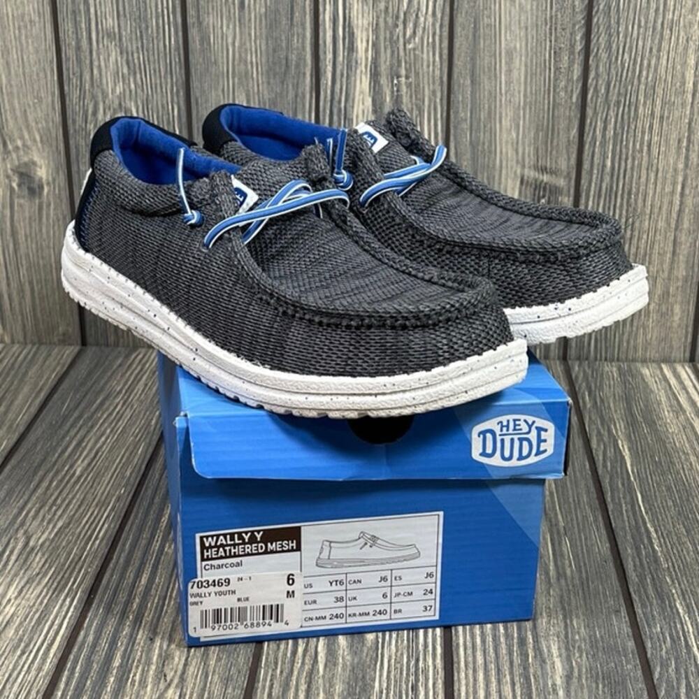 HeyDude Wally Y Heathered Mesh Youth‎ Sz 6 Unisex Charcoal Blue 4029-025